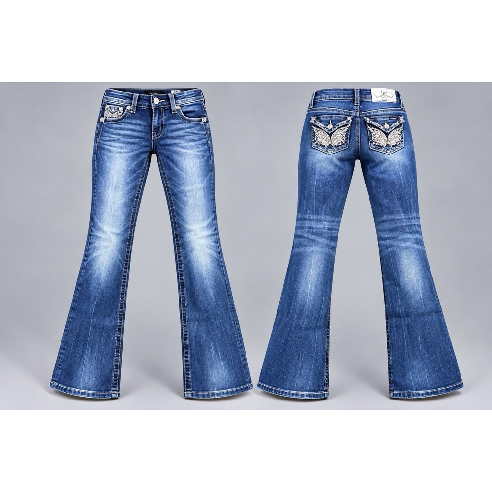 Miss Me jeans Womens 25x32 low rise chole boot Butterfly Embroidered Y2K goldish